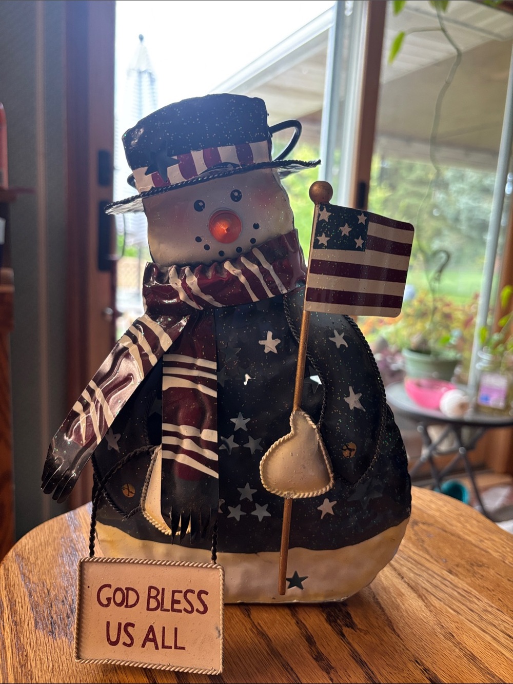 Patriotic Snowman Holiday Decor - Flag & 'God Bless Us All' Sign